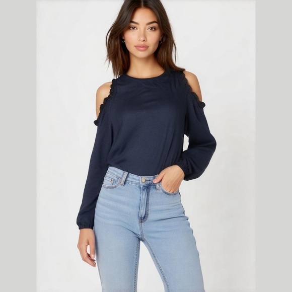 DG2 by Diane Gilman Sweaters - DG2 by Diane Gilman Cold-Shoulder Ruffle Top Shirt Sweater Navy Blue Size XS NWT